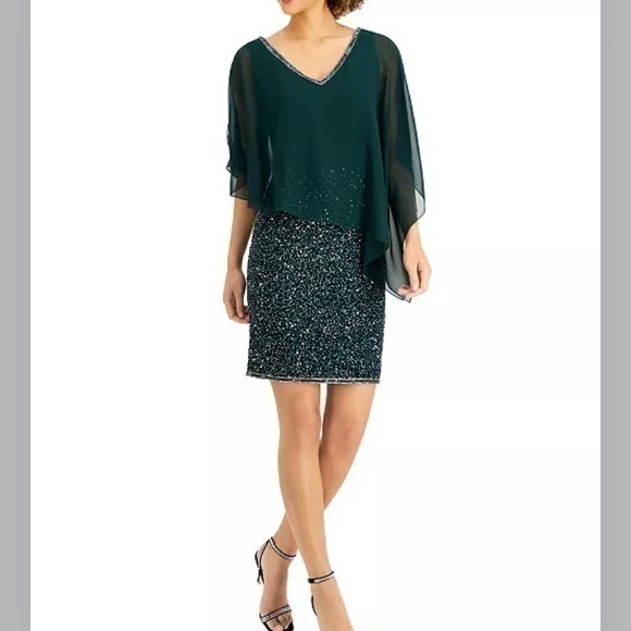 J Kara Dresses & Skirts - J Kara Asymmetrical-Overlay Embellished Dress in Hunter Green